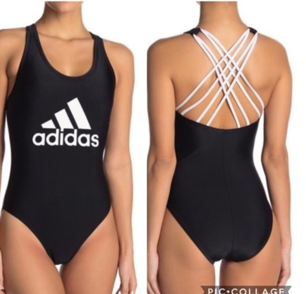 Adidas Big Logo Crossback One Piece Swimsuit Black White Size M Athletic EUC